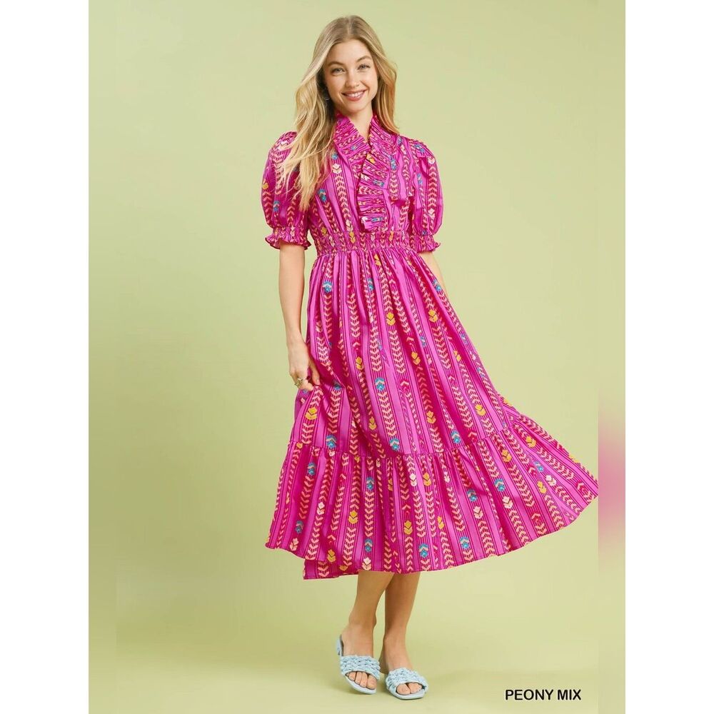 Umgee Peony Mix Fuchsia Printed Puff-Sleeve Midi Dress sz Small - Picture 3 of 5